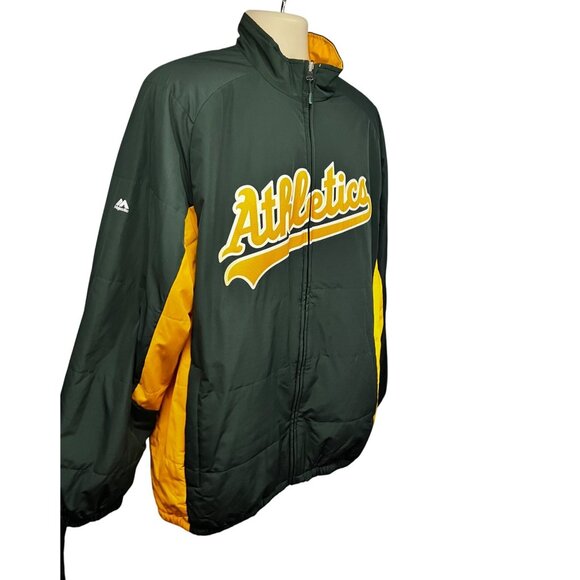 Majestic Oakland Athletics Baseball MLB Zip Jacket 2XL Green Gold Spell Out Logo - Picture 4 of 11
